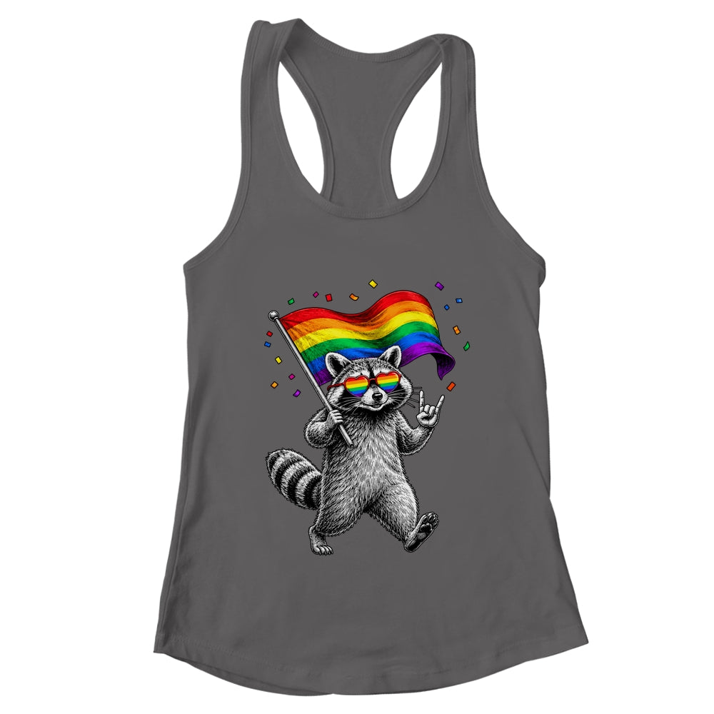 Funny LGBT Ally Raccoon Holding A Rainbow Flag Lgbt Support Shirt & Tank Top | teecentury