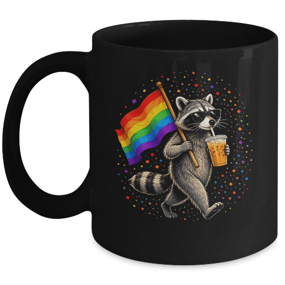 Funny Raccoon Drinking Iced Coffee Rainbow Flag Lgbtq Pride Mug | teecentury