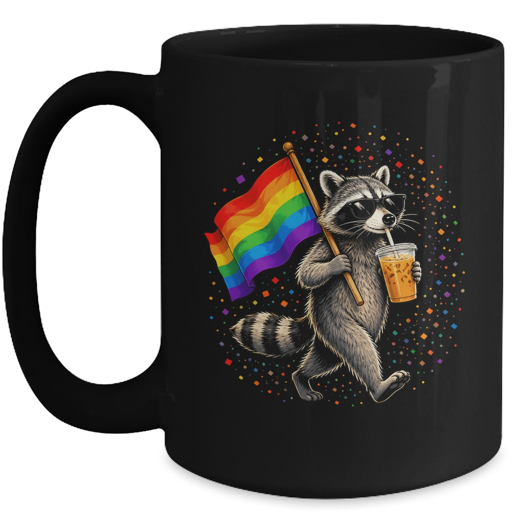 Funny Raccoon Drinking Iced Coffee Rainbow Flag Lgbtq Pride Mug | teecentury
