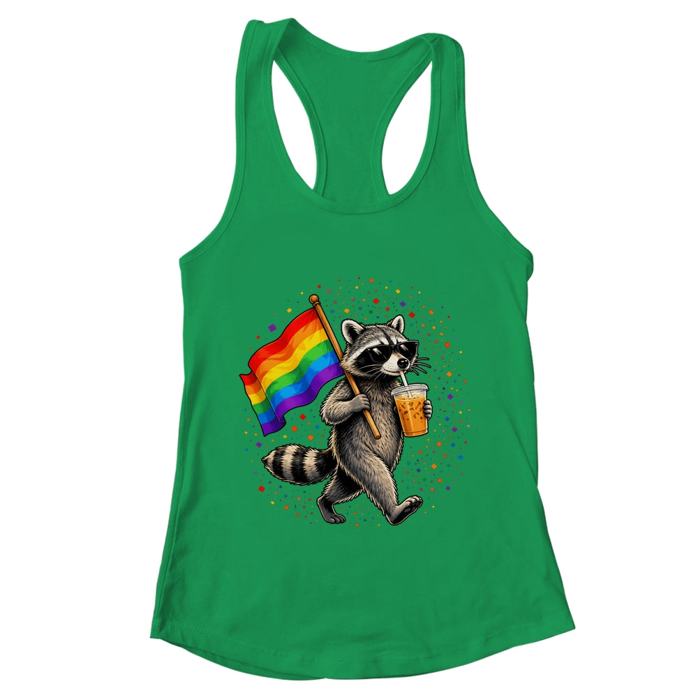 Funny Raccoon Drinking Iced Coffee Rainbow Flag Lgbtq Pride Shirt & Tank Top | teecentury
