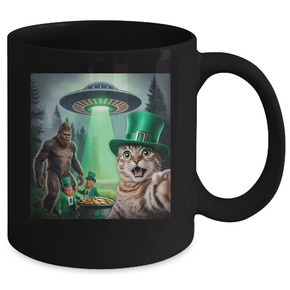 Funny St Patricks Day Cat Selfie With Leprechaun Bigfoot UFO Mug | teecentury