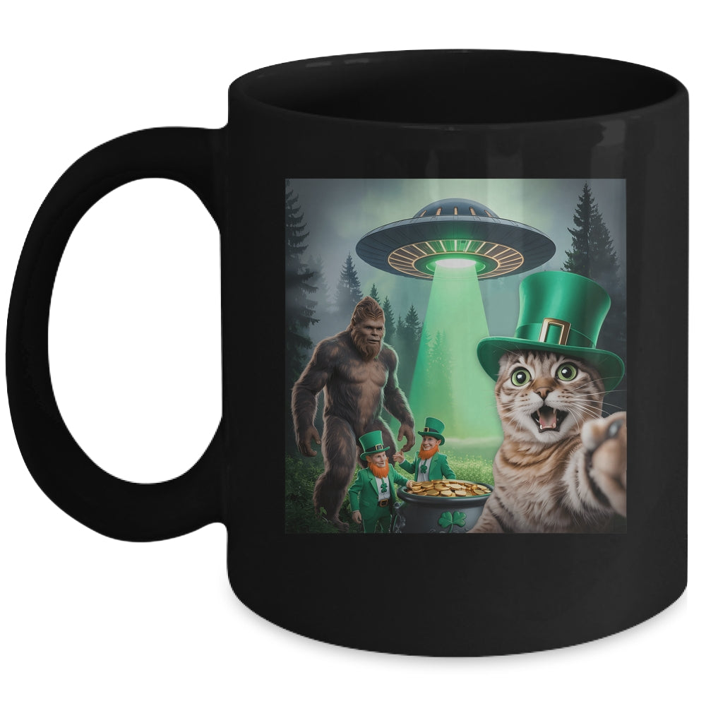 Funny St Patricks Day Cat Selfie With Leprechaun Bigfoot UFO Mug | teecentury