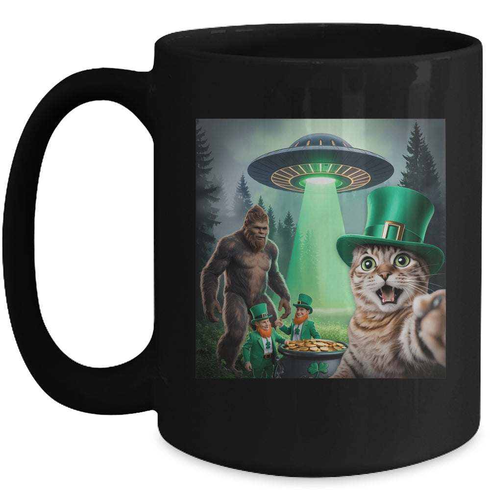 Funny St Patricks Day Cat Selfie With Leprechaun Bigfoot UFO Mug | teecentury