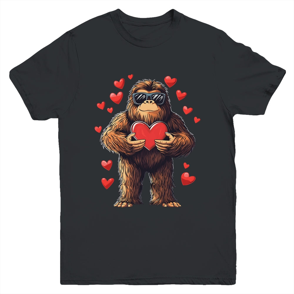 Funny Valentines Day Bigfoot Heart Sunglasses Sasquatch Boys Youth Shirt | teecentury