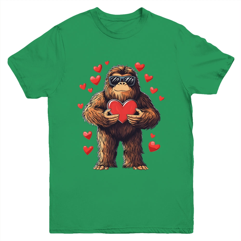 Funny Valentines Day Bigfoot Heart Sunglasses Sasquatch Boys Youth Shirt | teecentury
