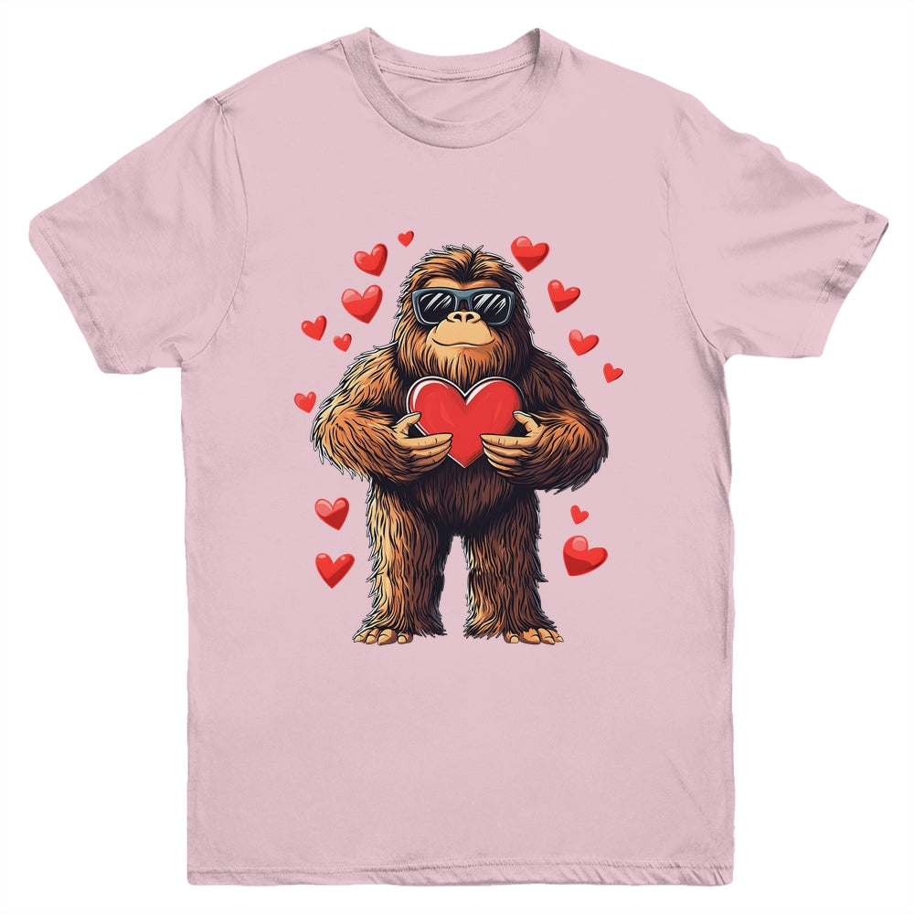 Funny Valentines Day Bigfoot Heart Sunglasses Sasquatch Boys Youth Shirt | teecentury