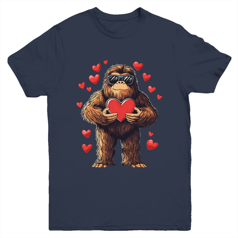 Funny Valentines Day Bigfoot Heart Sunglasses Sasquatch Boys Youth Shirt | teecentury