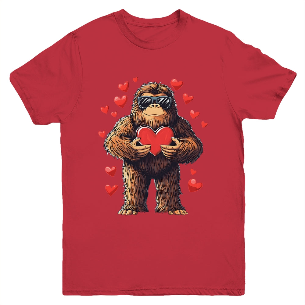 Funny Valentines Day Bigfoot Heart Sunglasses Sasquatch Boys Youth Shirt | teecentury
