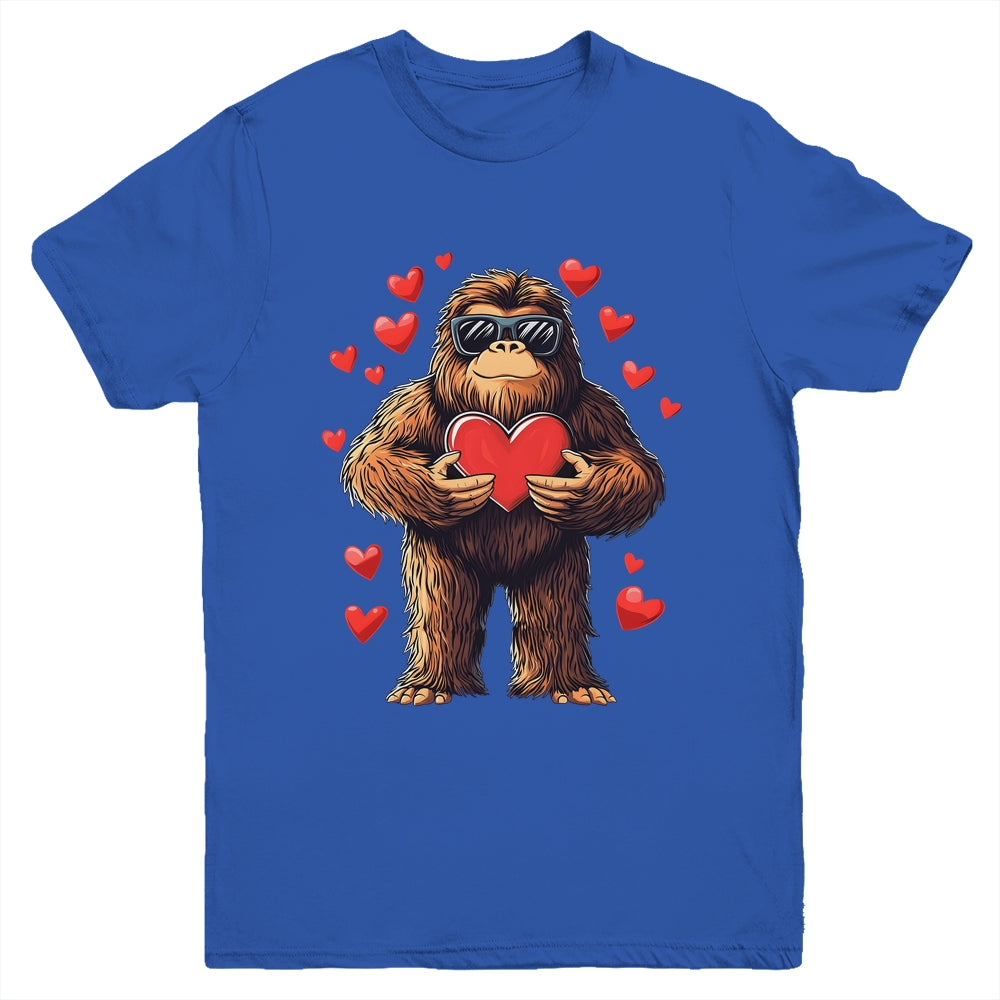 Funny Valentines Day Bigfoot Heart Sunglasses Sasquatch Boys Youth Shirt | teecentury