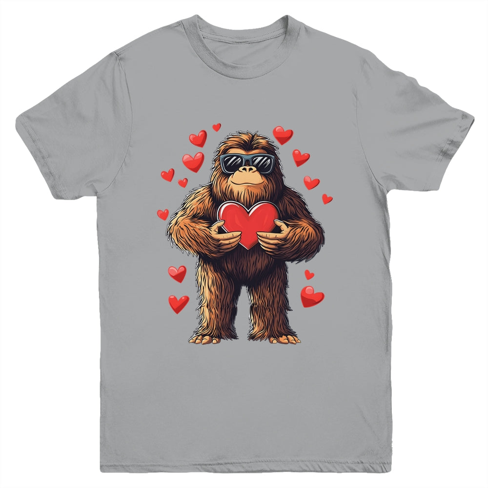 Funny Valentines Day Bigfoot Heart Sunglasses Sasquatch Boys Youth Shirt | teecentury