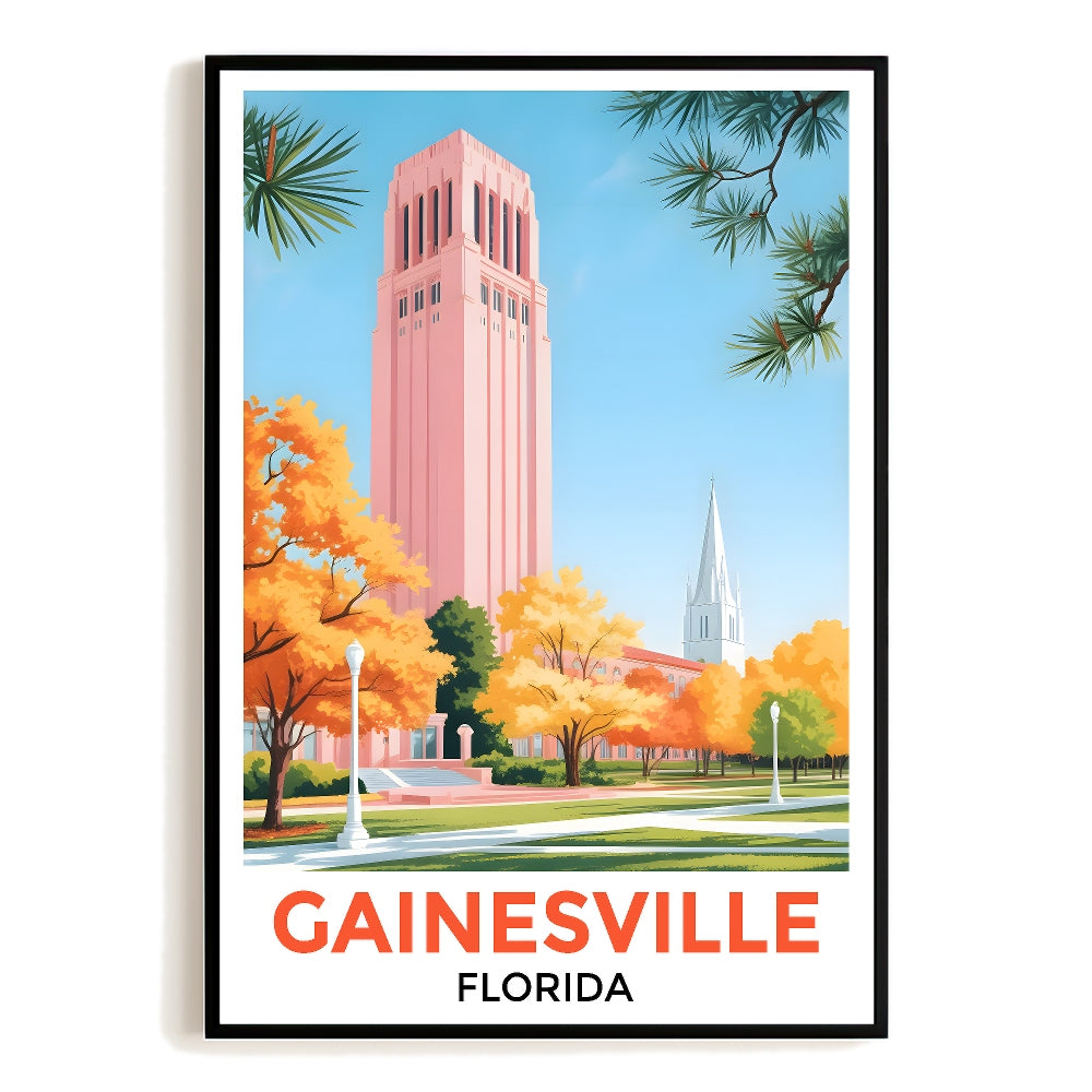 Gainesville Print Travel Poster Vintage Autumn Cityscape Florida Souvenir Wall Art Landscape Painting Ideal Gift For Home Living Room Office Bedroom Decor Unframed | teecentury
