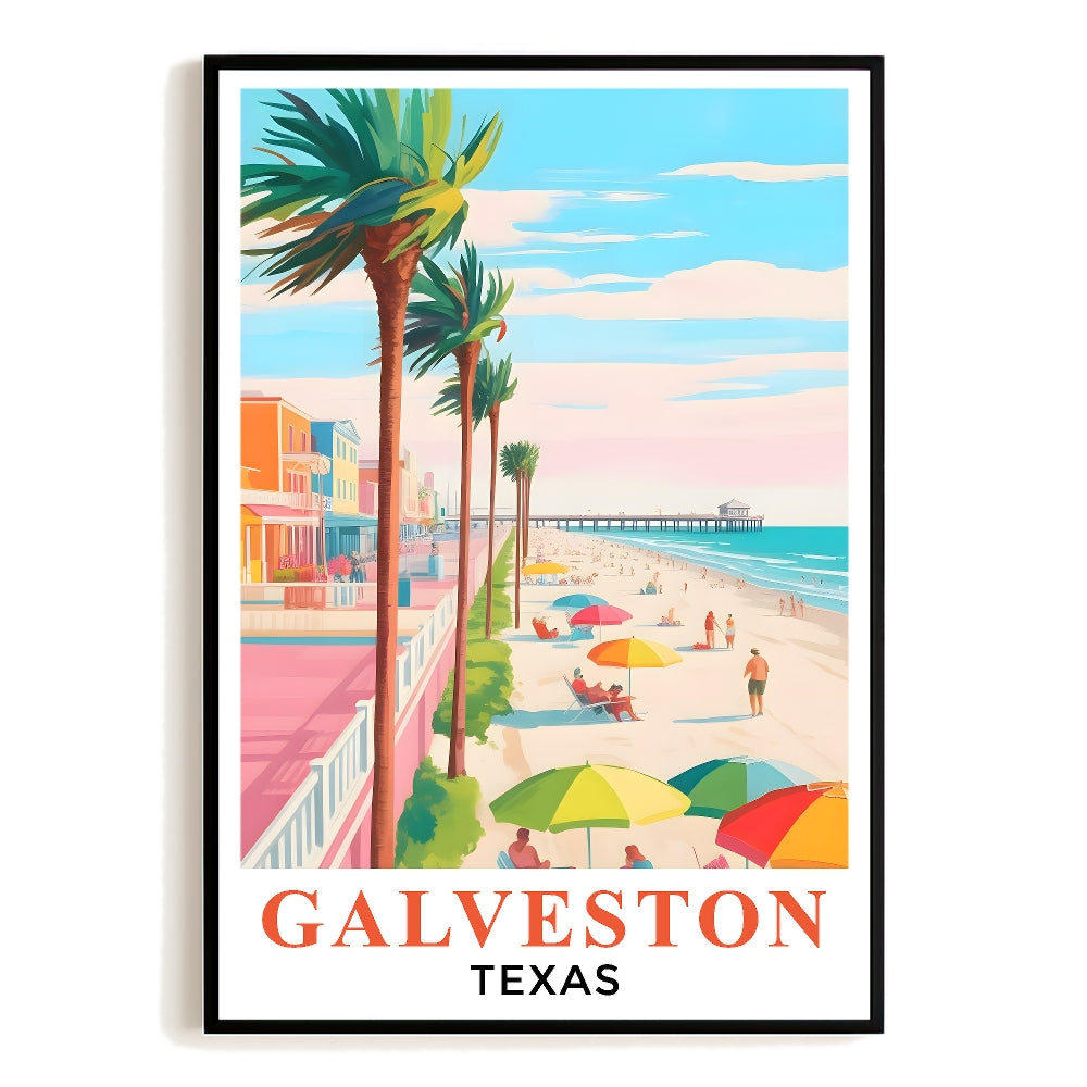 Galveston Art Print Poster Vintage Tropical Coastal Beach Scene Texas Travel Souvenir Wall Art Landscape Painting For Home Living Room Office Bedroom Decor Unframed | teecentury