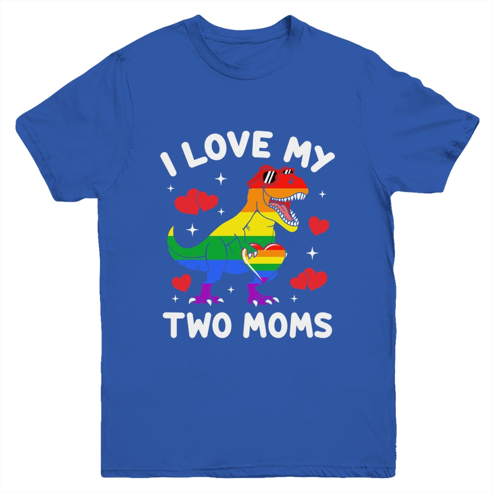Gay Pride I Love My Two Moms Dino Lesbian LGBTQ Ally Rainbow Youth Shirt | teecentury