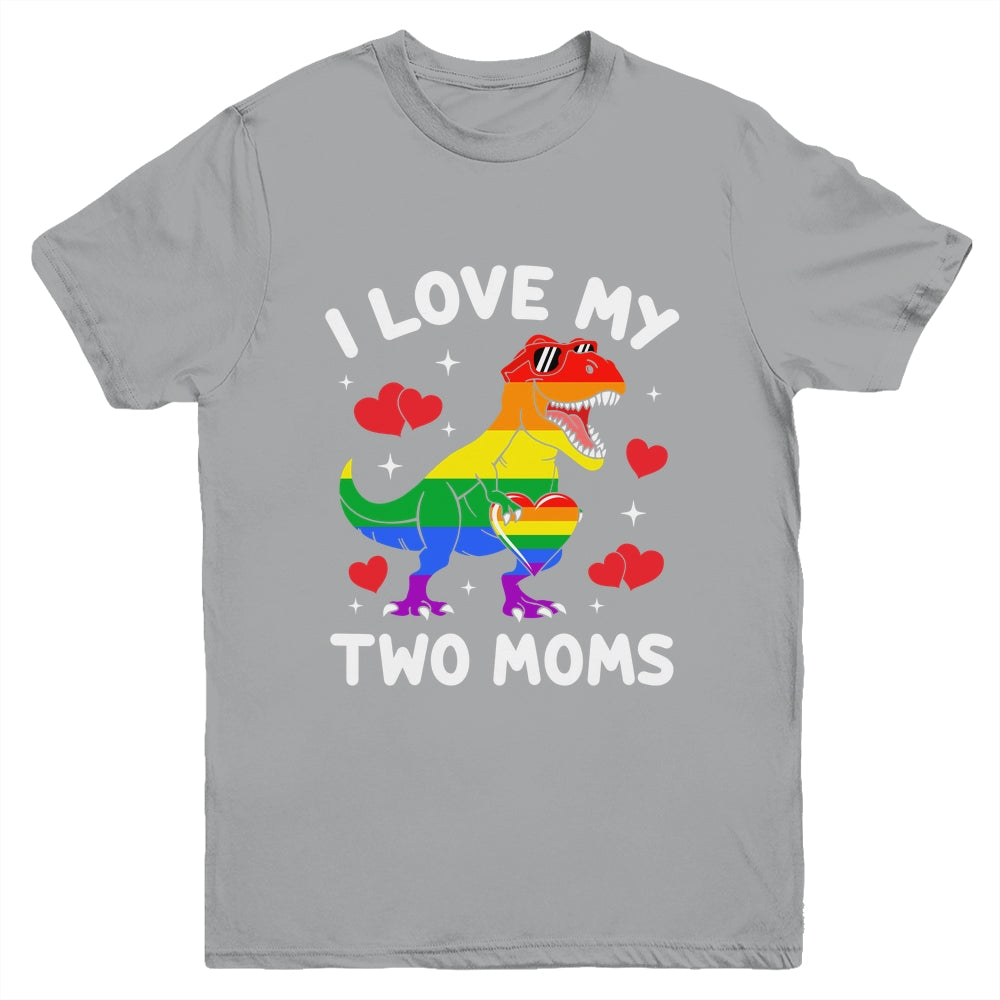 Gay Pride I Love My Two Moms Dino Lesbian LGBTQ Ally Rainbow Youth Shirt | teecentury