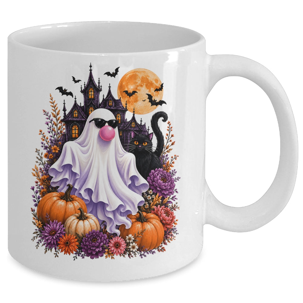 Ghost Blowing Bubble Gum Brushstroke Halloween House Floral Mug | teecentury