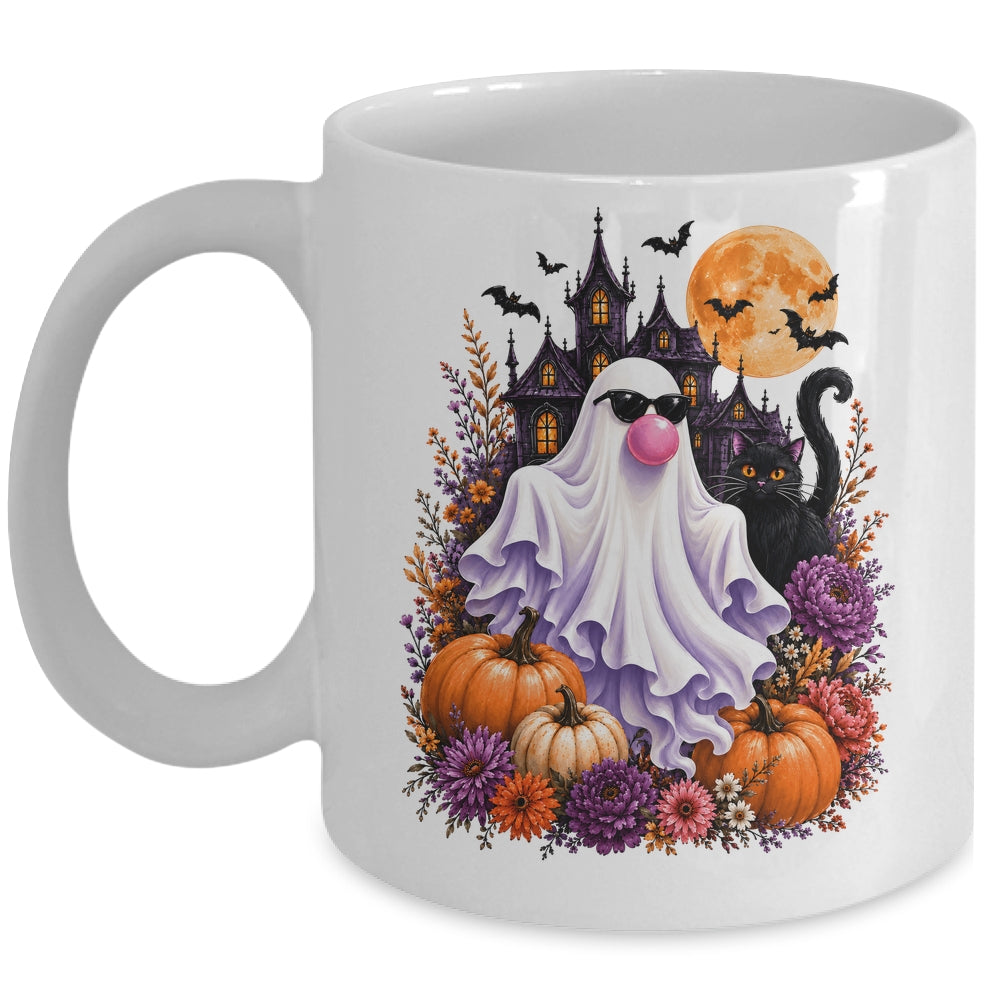 Ghost Blowing Bubble Gum Brushstroke Halloween House Floral Mug | teecentury