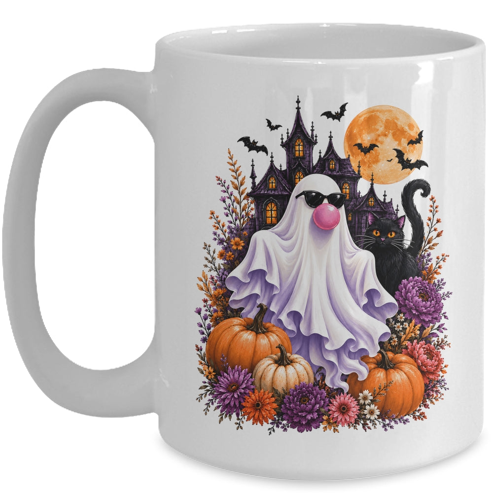 Ghost Blowing Bubble Gum Brushstroke Halloween House Floral Mug | teecentury