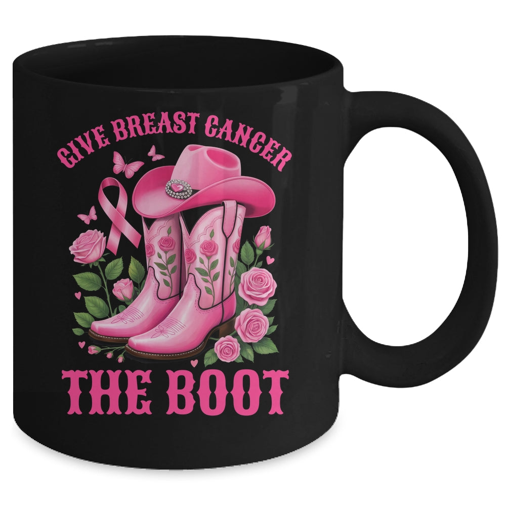 Give Breast Cancer The Boot Cowgirl Cancer Awareness Ribbon Mug | teecentury