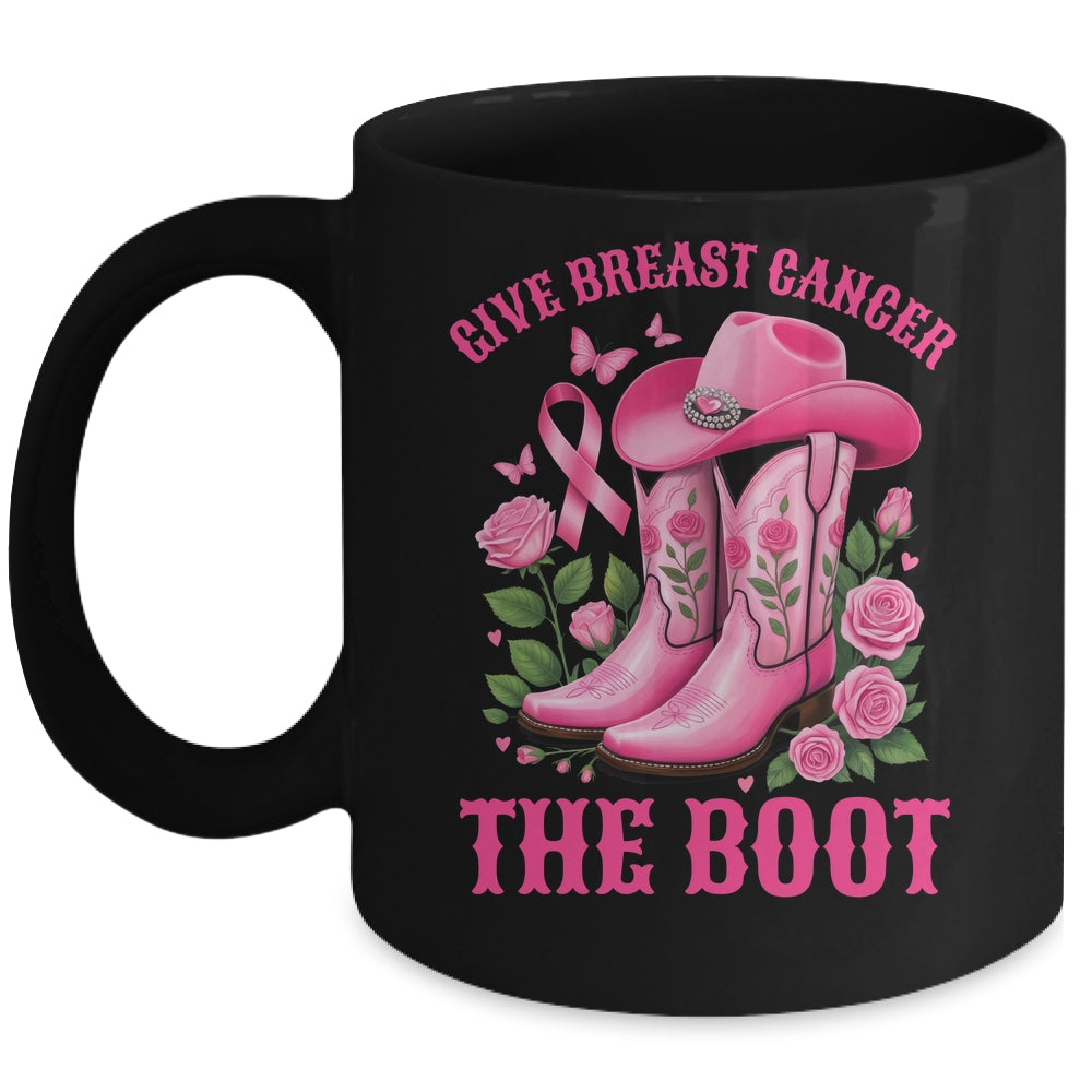 Give Breast Cancer The Boot Cowgirl Cancer Awareness Ribbon Mug | teecentury