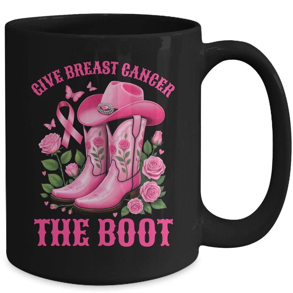 Give Breast Cancer The Boot Cowgirl Cancer Awareness Ribbon Mug | teecentury