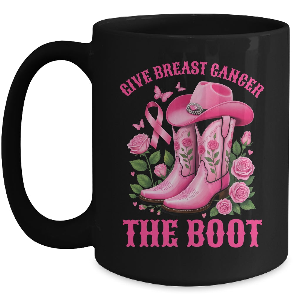 Give Breast Cancer The Boot Cowgirl Cancer Awareness Ribbon Mug | teecentury