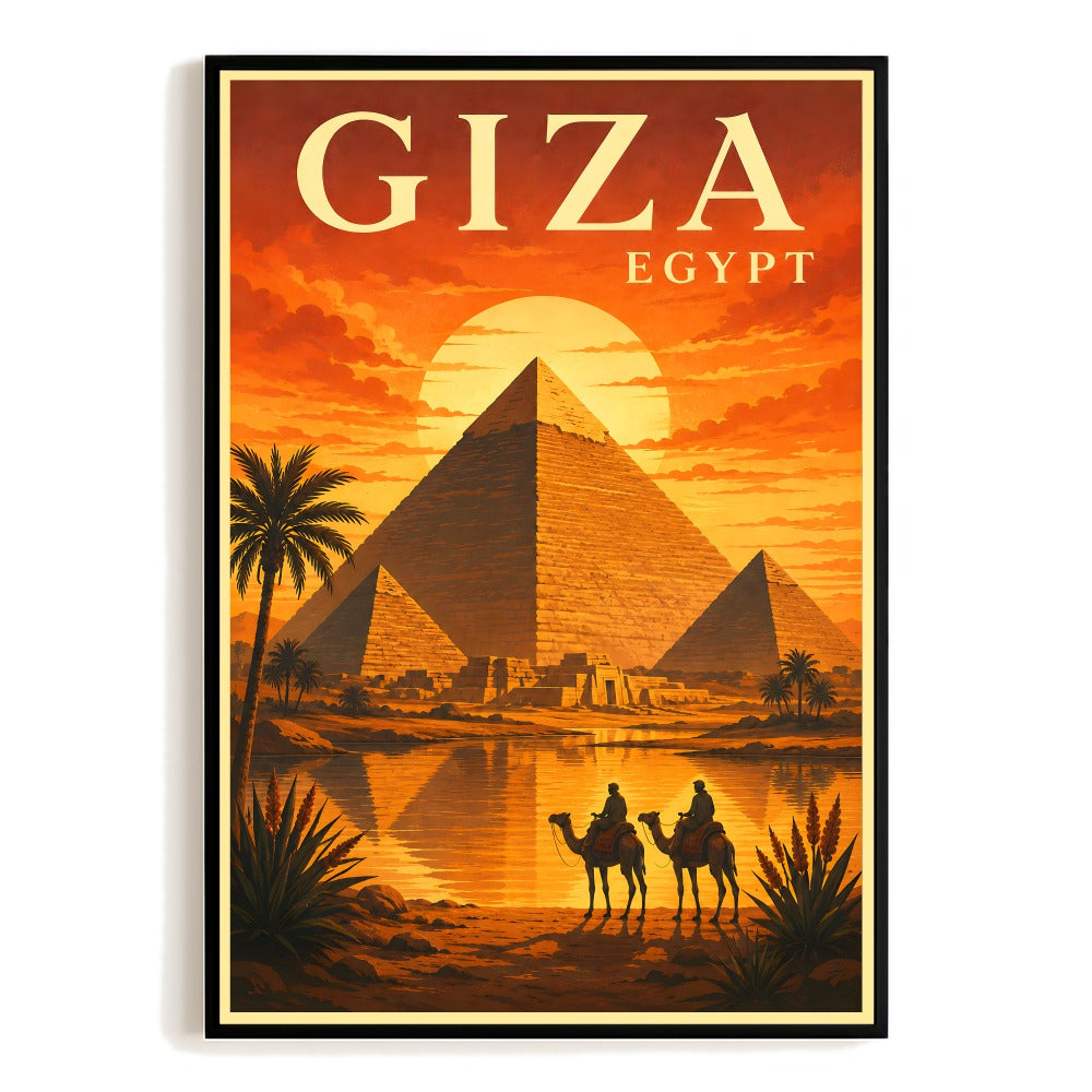 Giza Egypt Pyramids Sunset Travel Poster Vintage Camel Desert Sunset Landscape Wall Art Print Painting Picture For Home Living Room Office Kitchen Decor Unframed | teecentury