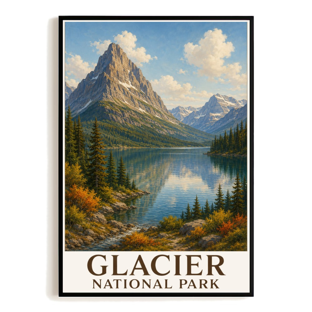 Glacier National Park Travel Poster Souvenir Vintage Mountain Lake Autumn Foliage Pine Forest Wall Art Print Painting Picture Ideal For Home Living Room Decor Unframed | teecentury