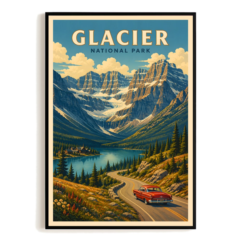 Glacier National Park Vintage Travel Poster Mountain Lake Landscape Wall Art Adventure Souvenir Decor For Home Office Living Room Cabin Lodge Unframed | teecentury