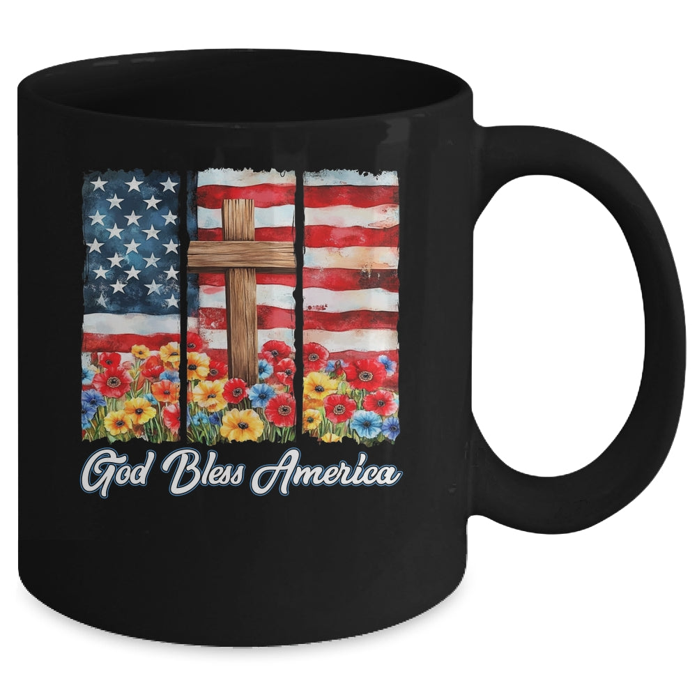 God Bless America Flag Cross Flowers Patriotic 4th Of July Mug | teecentury