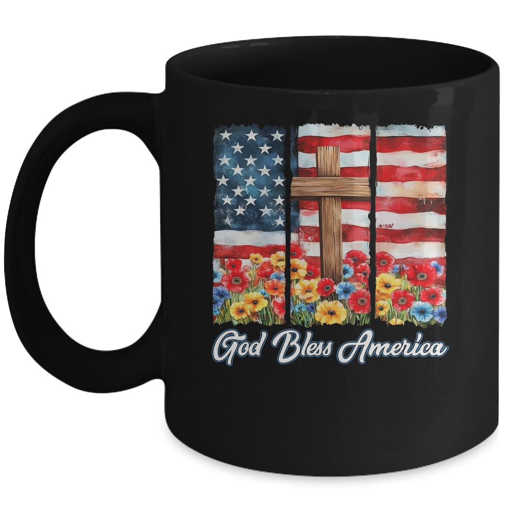 God Bless America Flag Cross Flowers Patriotic 4th Of July Mug | teecentury