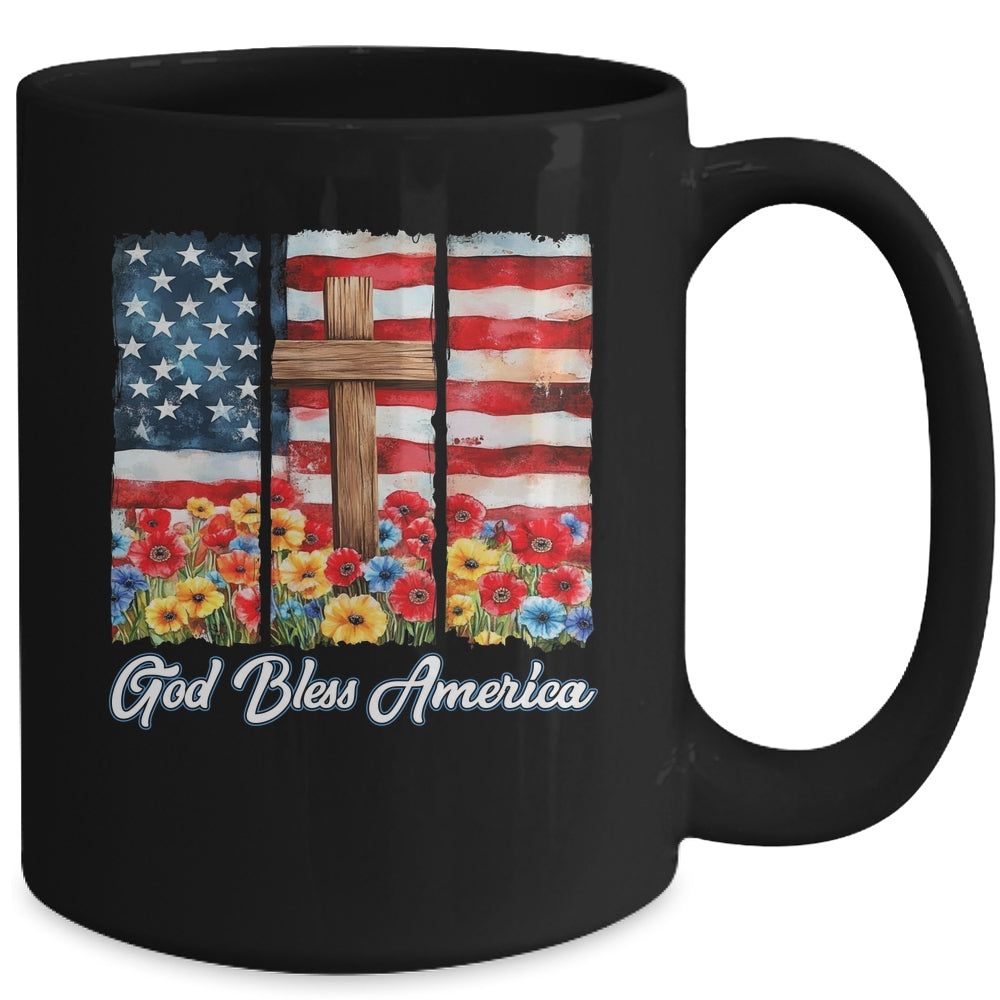 God Bless America Flag Cross Flowers Patriotic 4th Of July Mug | teecentury
