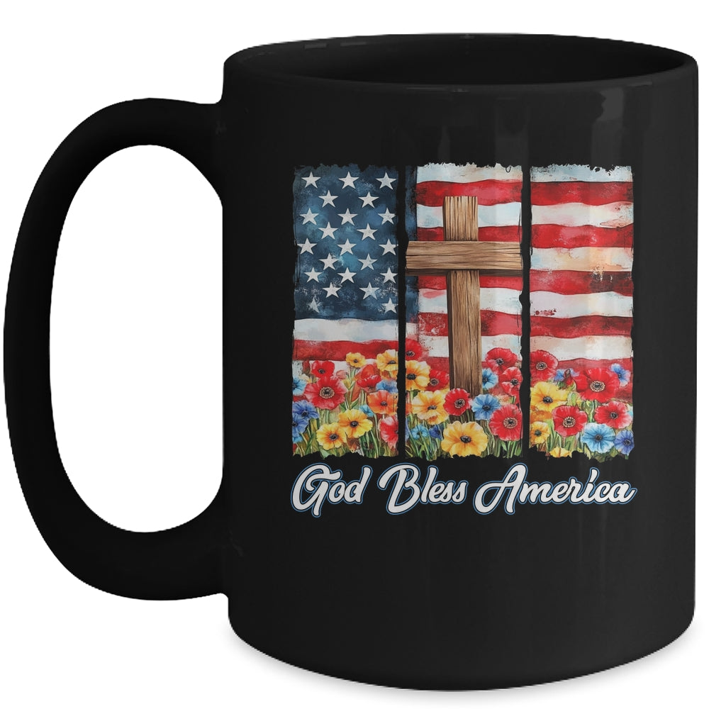 God Bless America Flag Cross Flowers Patriotic 4th Of July Mug | teecentury