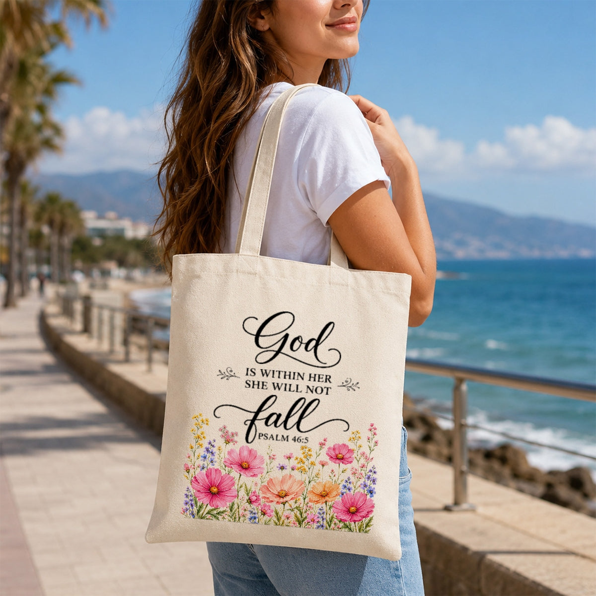 God Is Within Her She Will Not Fall Psalm 46 5 Floral Christian Tote Bag For Women Bible Verse Canvas Bag Faith Inspirational Church Gift Religious Aesthetic | teecentury