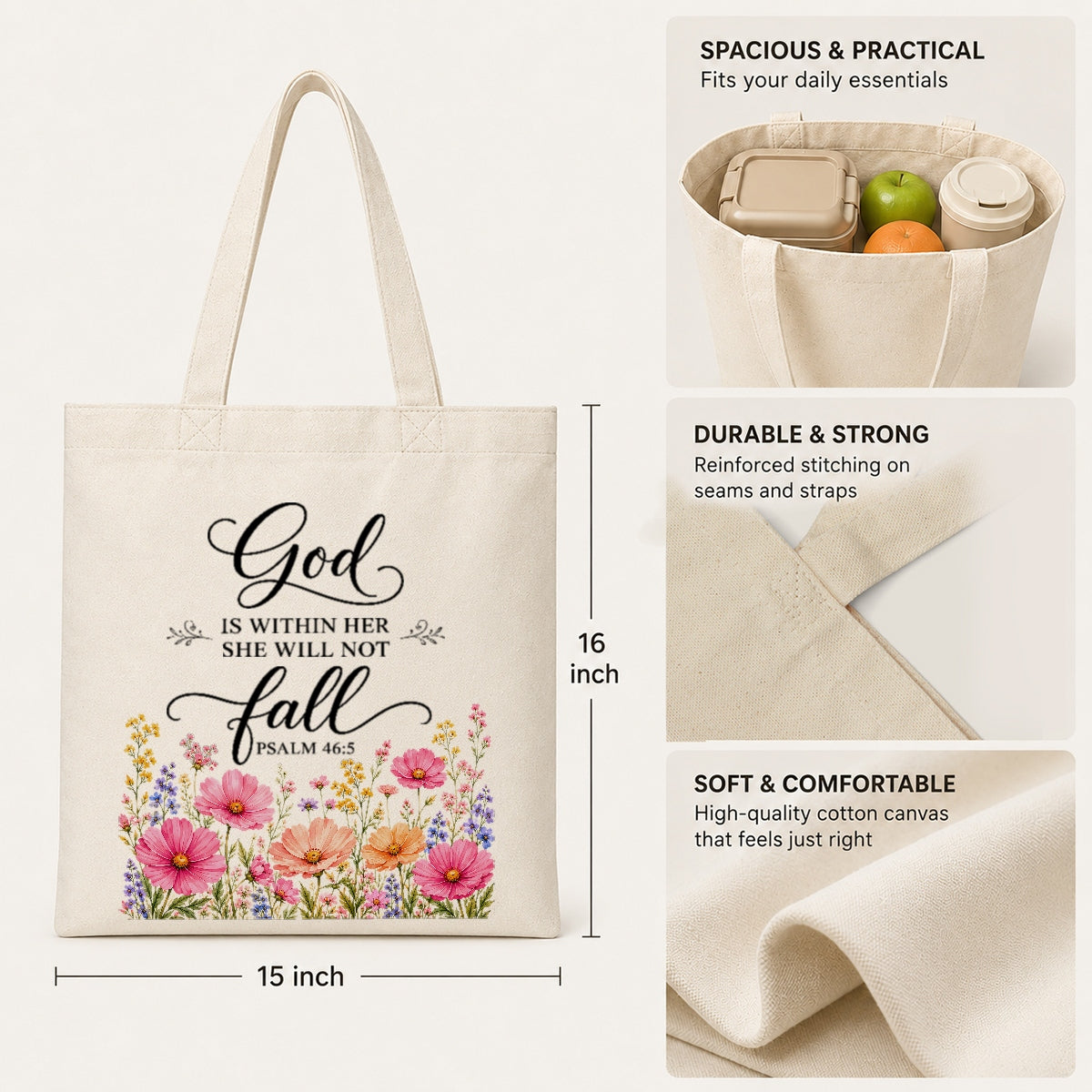 God Is Within Her She Will Not Fall Psalm 46 5 Floral Christian Tote Bag For Women Bible Verse Canvas Bag Faith Inspirational Church Gift Religious Aesthetic | teecentury