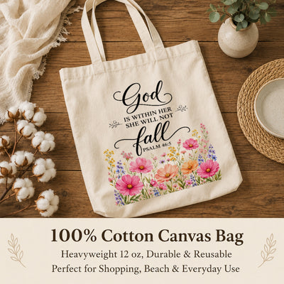God Is Within Her She Will Not Fall Psalm 46 5 Floral Christian Tote Bag For Women Bible Verse Canvas Bag Faith Inspirational Church Gift Religious Aesthetic | teecentury