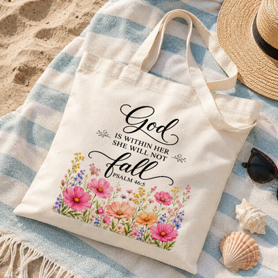 God Is Within Her She Will Not Fall Psalm 46 5 Floral Christian Tote Bag For Women Bible Verse Canvas Bag Faith Inspirational Church Gift Religious Aesthetic | teecentury