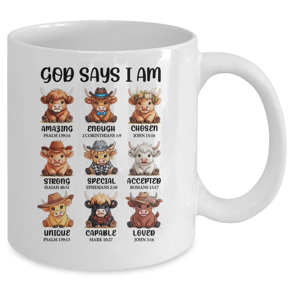 God Says I Am Highland Cow Christian Religious Scottish Cow Mug | teecentury