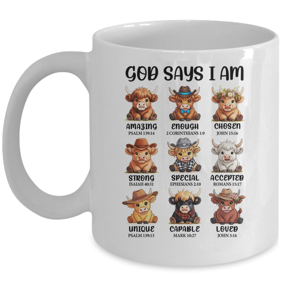 God Says I Am Highland Cow Christian Religious Scottish Cow Mug | teecentury