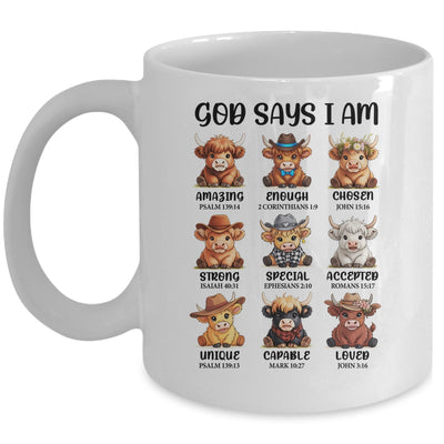 God Says I Am Highland Cow Christian Religious Scottish Cow Mug | teecentury