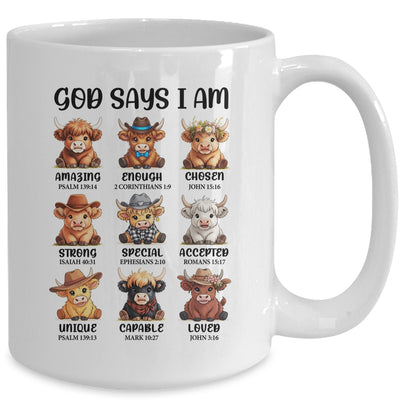 God Says I Am Highland Cow Christian Religious Scottish Cow Mug | teecentury