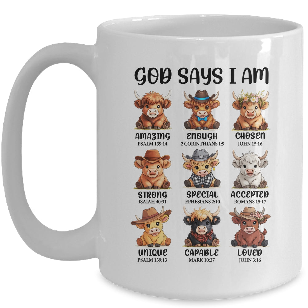 God Says I Am Highland Cow Christian Religious Scottish Cow Mug | teecentury