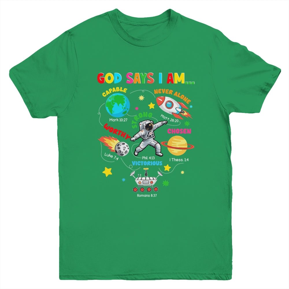 God Says I Am Outer Space Astronaut Bible Christian Boys Kid Youth Shirt | teecentury