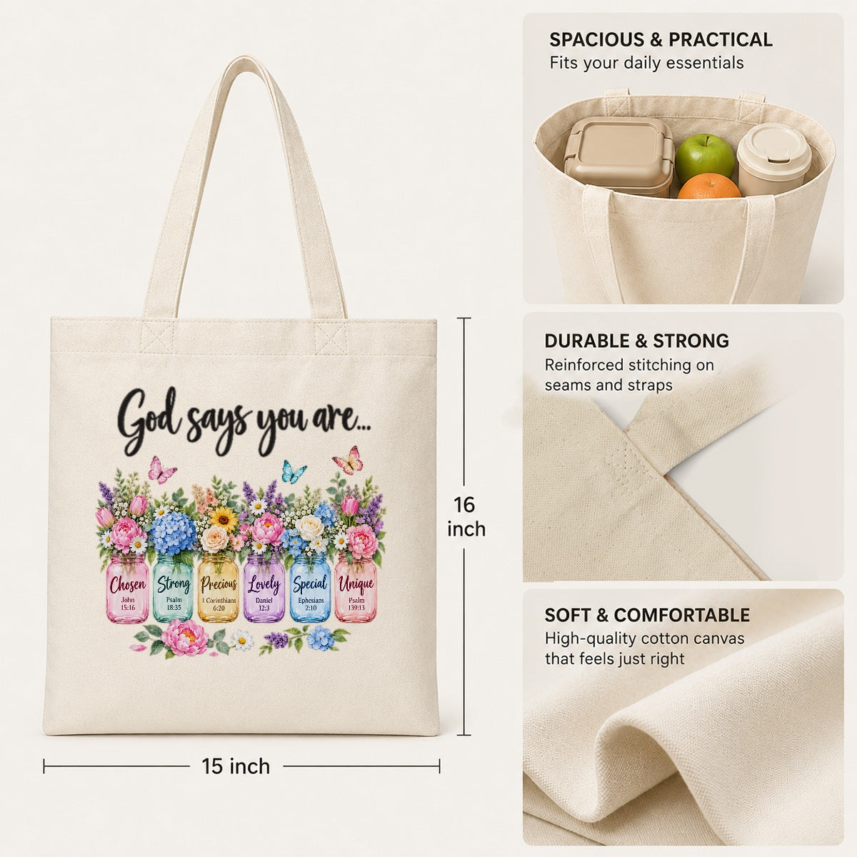 God Says You Are Unique Special Chosen Bible Verse Christian Canvas Tote Bag Floral Faith Gift For Women Church Friends Religious Library Book Shoulder Bag For Friends | teecentury