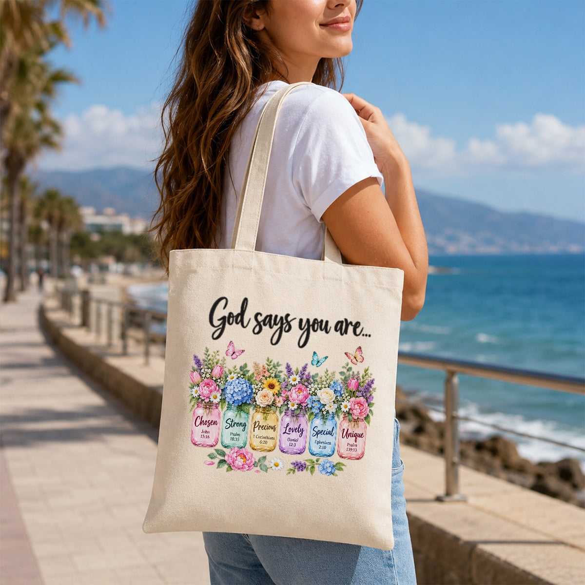 God Says You Are Unique Special Chosen Bible Verse Christian Canvas Tote Bag Floral Faith Gift For Women Church Friends Religious Library Book Shoulder Bag For Friends | teecentury