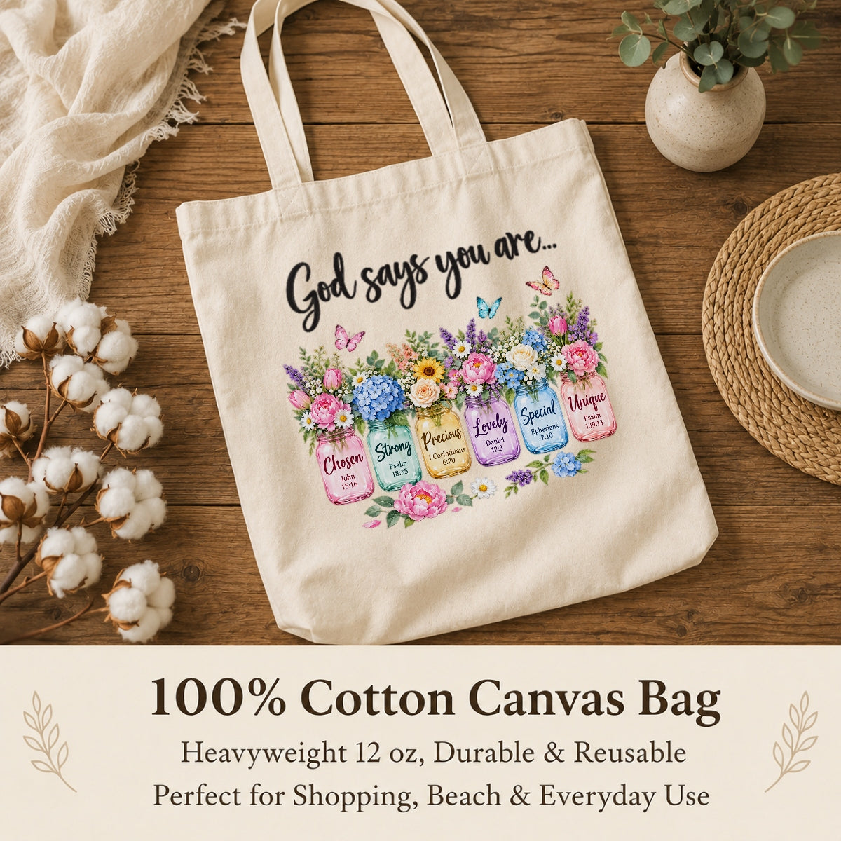 God Says You Are Unique Special Chosen Bible Verse Christian Canvas Tote Bag Floral Faith Gift For Women Church Friends Religious Library Book Shoulder Bag For Friends | teecentury