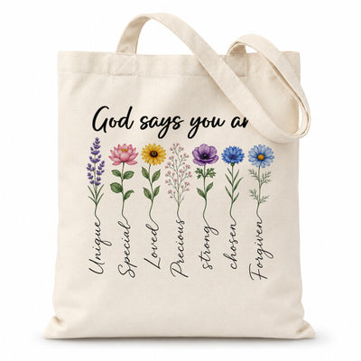 God Says You Are Unique Special Lovely Precious Strong Book Tote Bag Floral Christian Faith Inspirational Gift For Women Bible Verse Religious Canvas Tote Bag | teecentury