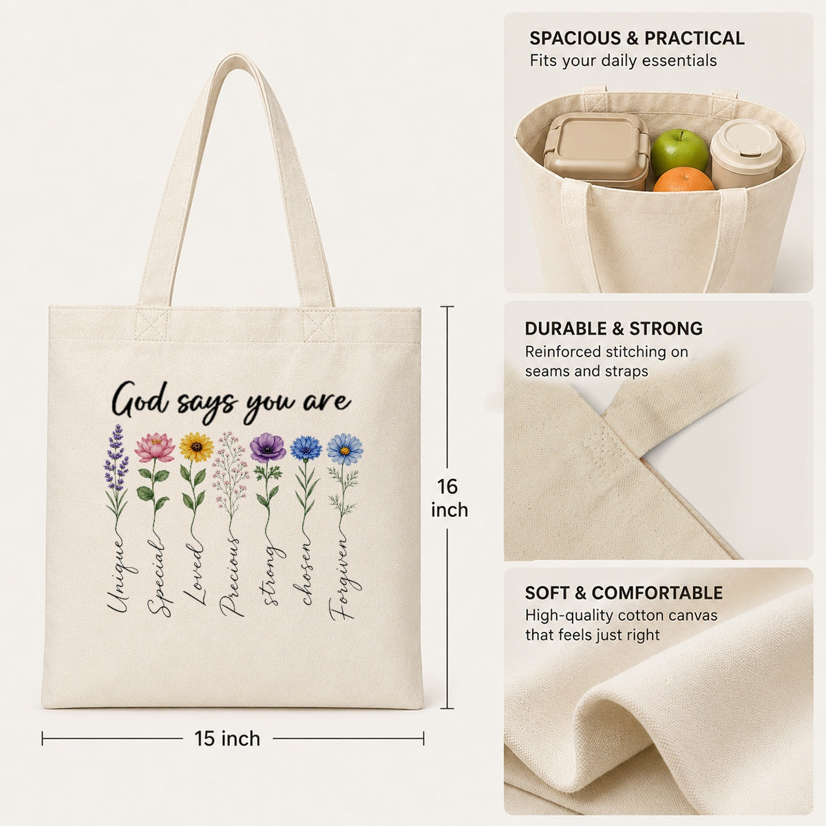 God Says You Are Unique Special Lovely Precious Strong Book Tote Bag Floral Christian Faith Inspirational Gift For Women Bible Verse Religious Canvas Tote Bag | teecentury