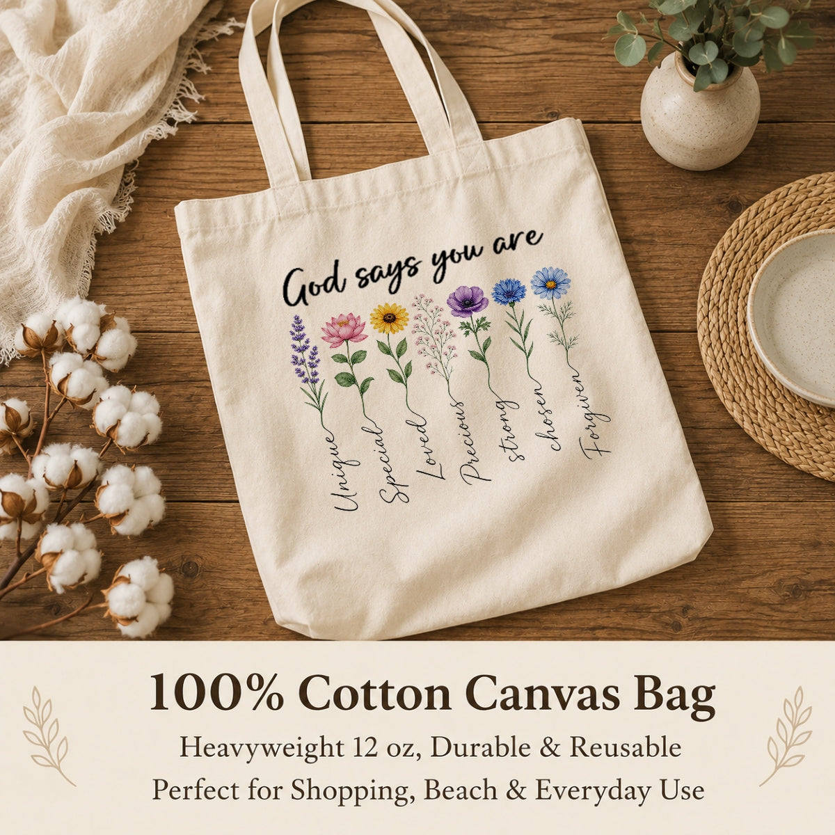 God Says You Are Unique Special Lovely Precious Strong Book Tote Bag Floral Christian Faith Inspirational Gift For Women Bible Verse Religious Canvas Tote Bag | teecentury