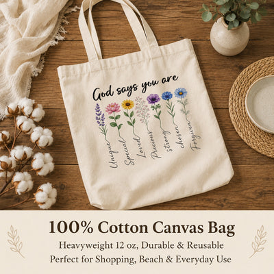 God Says You Are Unique Special Lovely Precious Strong Book Tote Bag Floral Christian Faith Inspirational Gift For Women Bible Verse Religious Canvas Tote Bag | teecentury
