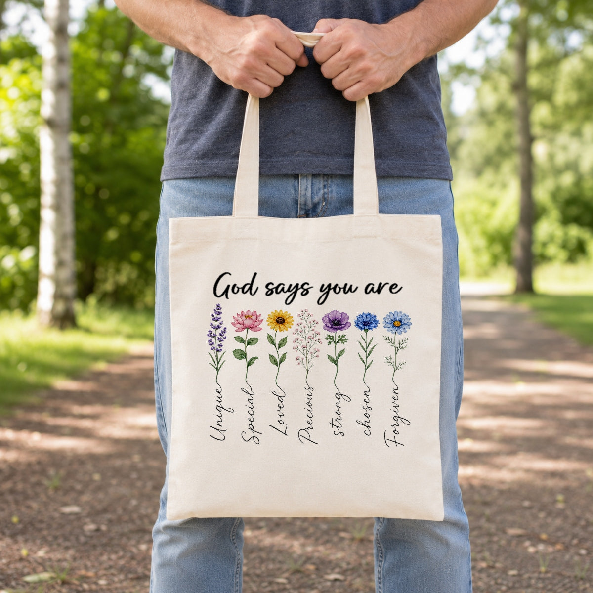 God Says You Are Unique Special Lovely Precious Strong Book Tote Bag Floral Christian Faith Inspirational Gift For Women Bible Verse Religious Canvas Tote Bag | teecentury